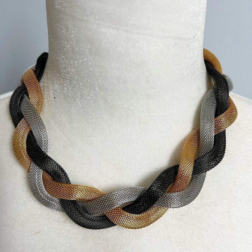 Relex Black, Gold, and Silver Braided Metallic Magnetic Clasp Statement Necklace